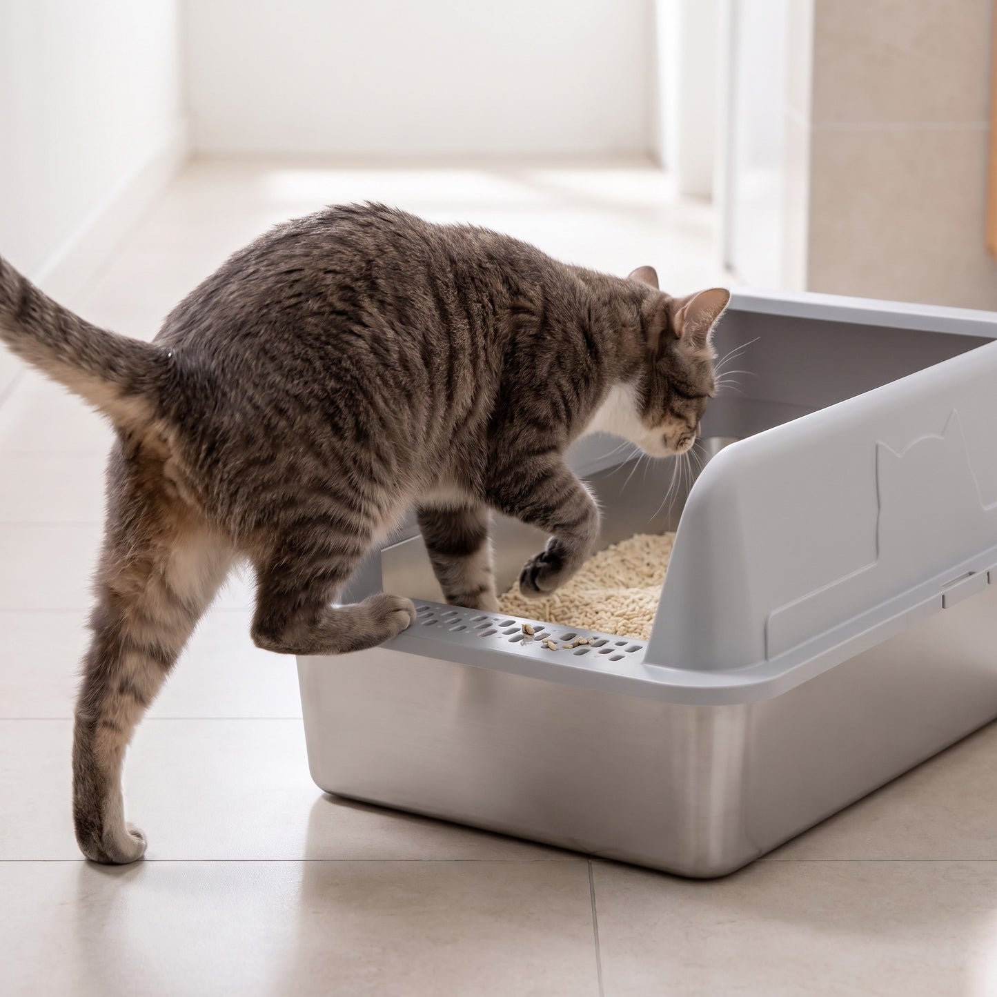 Katze steigt vorne über die Gitterstufe in die TruePet SteelBox ein