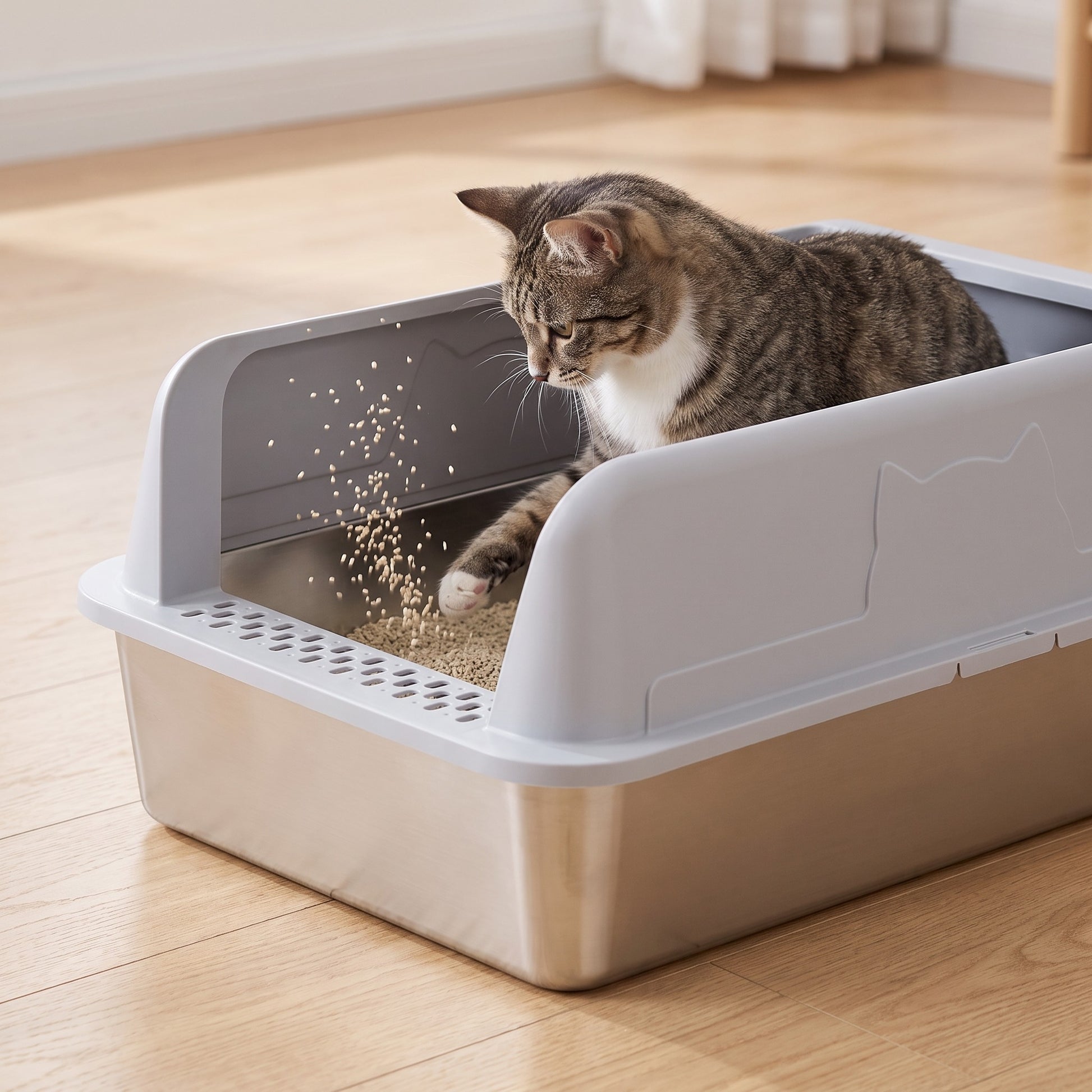Katze buddelt in der SteelBox, die 25 cm Wand hält die Streu drinnen