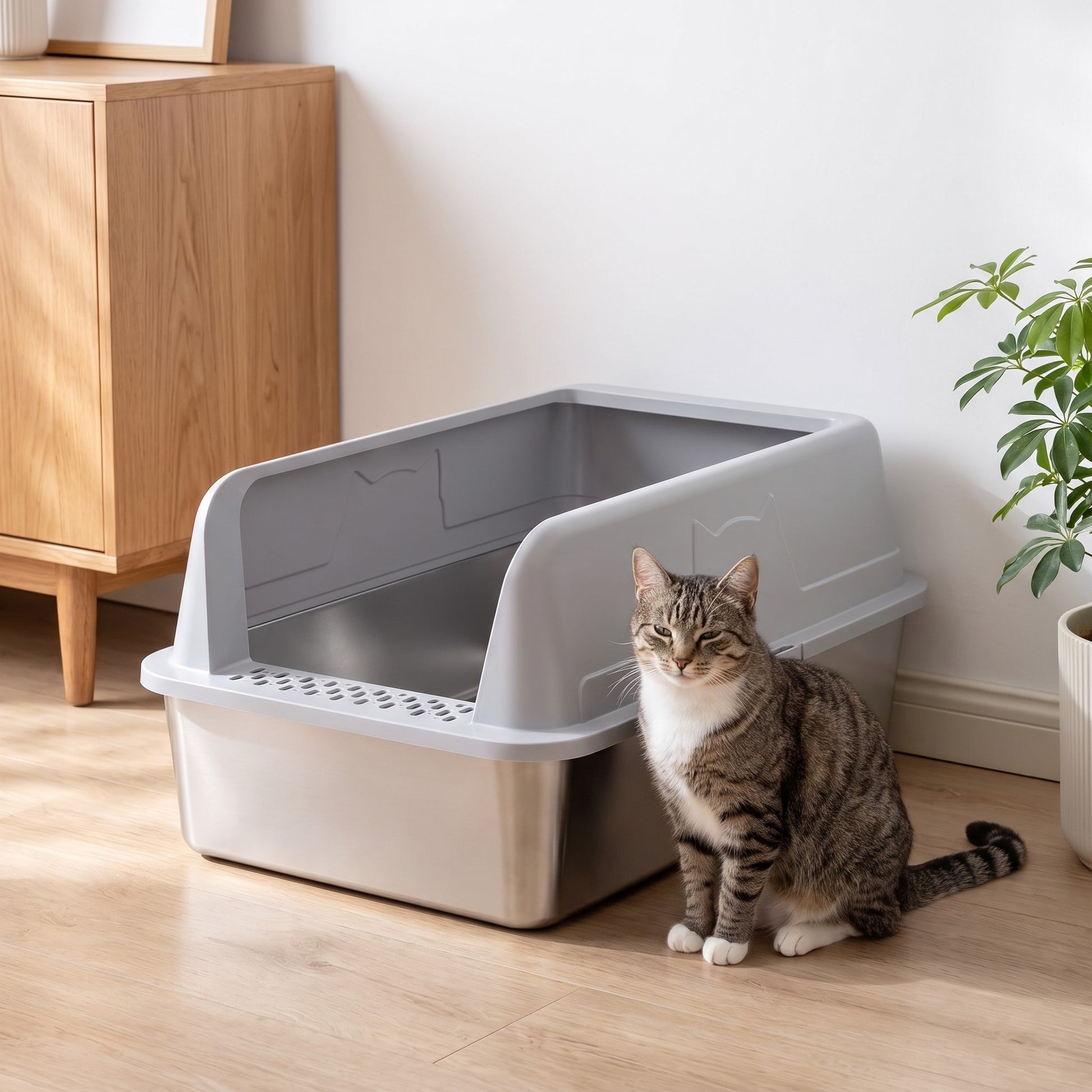 Entspannte Katze neben der TruePet SteelBox in der Wohnung