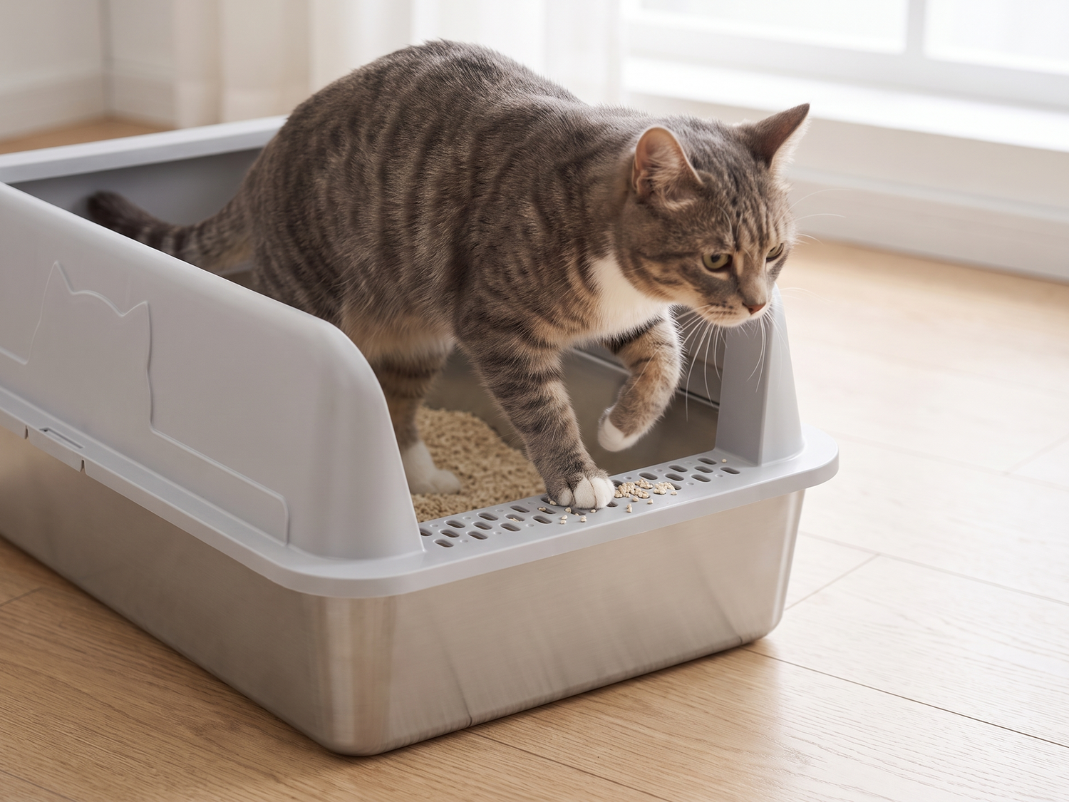 Katze steigt vorne über die Gitterstufe aus der TruePet SteelBox, Streu bleibt auf dem Gitter